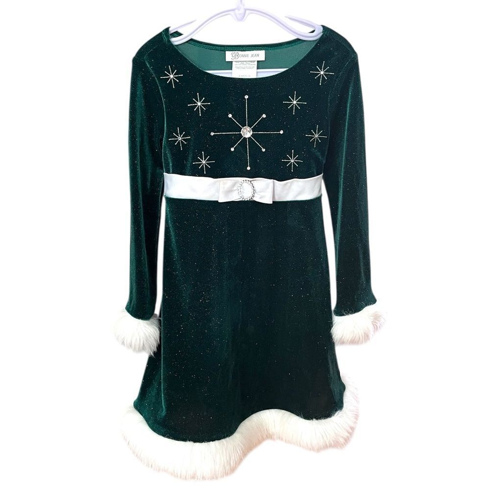Bonnie Jean Green Velvet Snowflake Fur Trim Christmas Dress